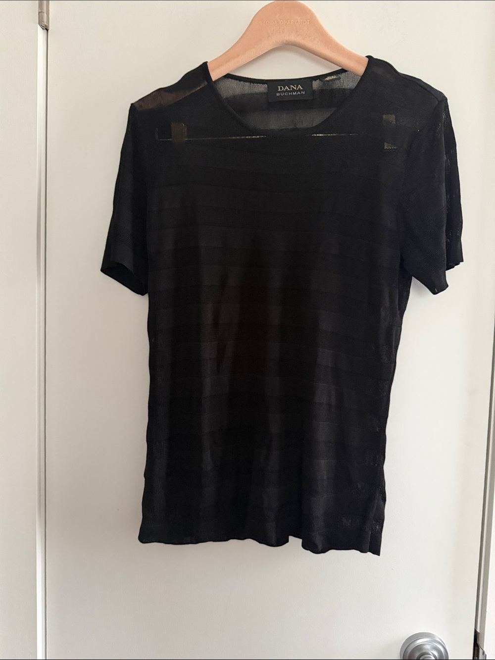 Dana Buchman Black viscose Short Sleeve Sheer-Striped Knit Top